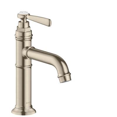 Brushed nickel single-hole bathroom faucet with curved spout and lever handle.
