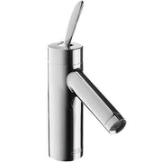 Chrome single-hole bathroom faucet with cylindrical body, angled spout, and lever handle.