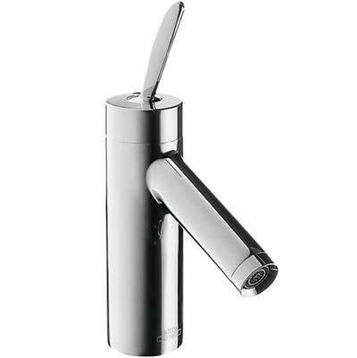 Chrome single-hole bathroom faucet with cylindrical body, angled spout, and lever handle.