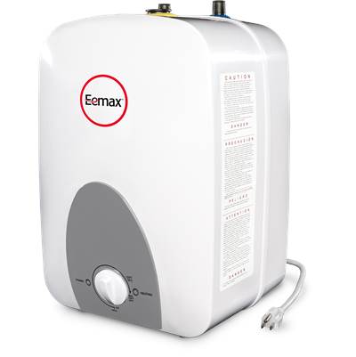 White and gray compact electric water heater with Eemax logo, control dial, and power cord.