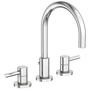 Polished chrome widespread lavatory faucet with tall curved spout and two lever handles.