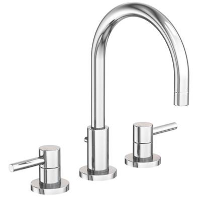 Polished chrome widespread lavatory faucet with tall curved spout and two lever handles.