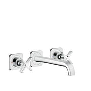 Chrome widespread wall-mounted bathroom faucet with two lever handles and curved spout.