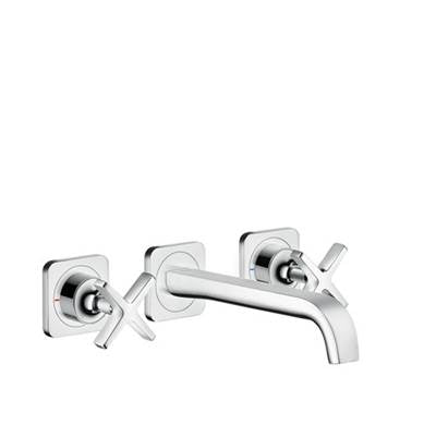 Chrome widespread wall-mounted bathroom faucet with two lever handles and curved spout.