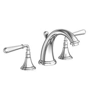 Chrome widespread bathroom sink faucet with curved spout and two lever handles with bell-shaped bases.