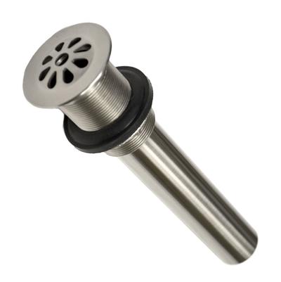 Brushed nickel grid drain with flower-shaped perforated top and threaded metal body with rubber gasket.