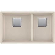 Champagne granite double bowl undermount kitchen sink with two equal basins and drain fixtures.
