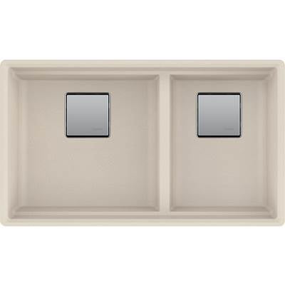 Champagne granite double bowl undermount kitchen sink with two equal basins and drain fixtures.