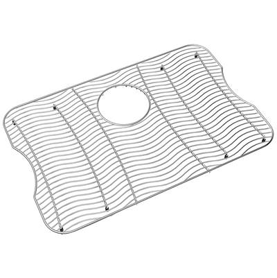 Stainless steel sink grid with parallel wire bars and circular drain opening.