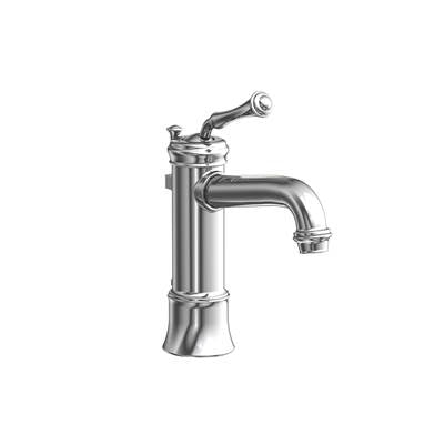 Chrome single-hole bathroom sink faucet with curved spout and lever handle on cylindrical base.