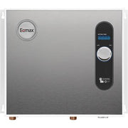 Stainless steel Eemax tankless water heater with digital display and rotary temperature control dial on right side.