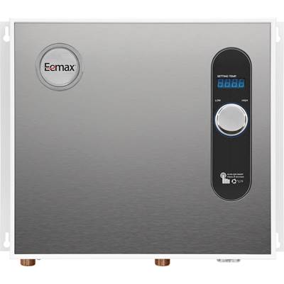 Stainless steel Eemax tankless water heater with digital display and rotary temperature control dial on right side.