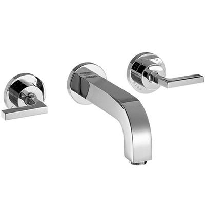 Chrome wall-mount faucet with curved spout and two lever handles on circular escutcheons.
