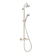 Brushed nickel shower column with fixed overhead showerhead, handheld sprayer, and adjustable control valve.