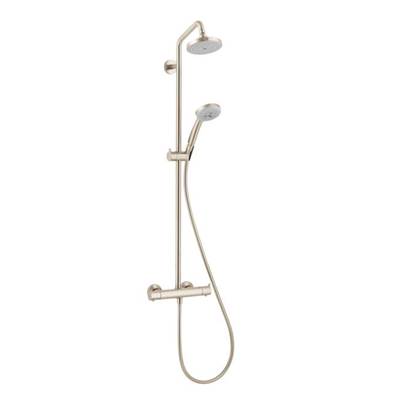 Brushed nickel shower column with fixed overhead showerhead, handheld sprayer, and adjustable control valve.