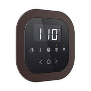 Oil-rubbed bronze round digital steam shower control panel displaying 110 degrees with touch buttons and indicator lights.