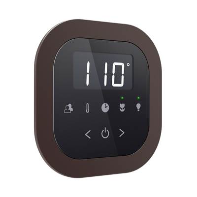 Oil-rubbed bronze round digital steam shower control panel displaying 110 degrees with touch buttons and indicator lights.