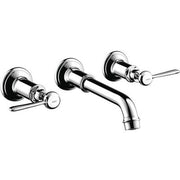 Chrome wall-mounted widespread faucet trim with curved spout and two lever handles.