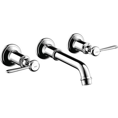 Chrome wall-mounted widespread faucet trim with curved spout and two lever handles.