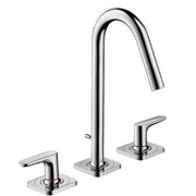 Chrome three-piece widespread bathroom faucet with curved spout and lever handles on square bases.