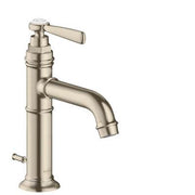 Brushed nickel single-hole bathroom faucet with curved spout and lever handle.