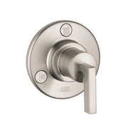 Brushed nickel round trim plate with single lever handle and control button for shower valve.