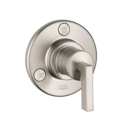 Brushed nickel round trim plate with single lever handle and control button for shower valve.