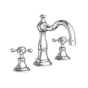 Chrome three-piece widespread bathroom sink faucet with curved spout and cross handles on round bases.