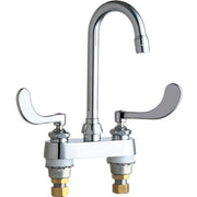 Chrome sink faucet with tall gooseneck spout, dual lever handles, and brass supply connections.