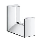 Chrome robe hook with square mounting plate and angled hook arm.