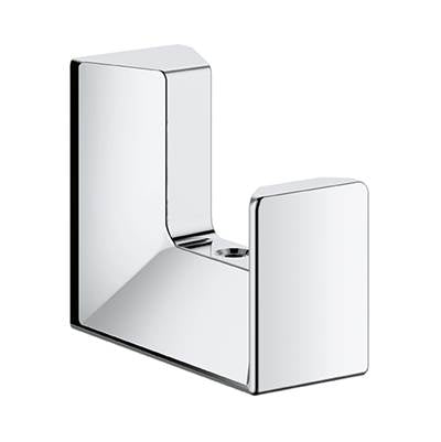 Chrome robe hook with square mounting plate and angled hook arm.