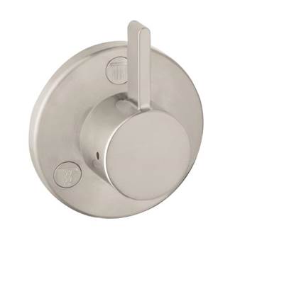 Brushed nickel round trim plate with protruding circular handle and lever arm for shower valve control.