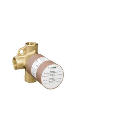 Brass trio diverter valve with cylindrical cartridge body and three outlet ports.