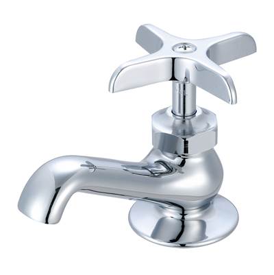 Polished chrome single-handle basin faucet with curved spout and cross handles on round base.