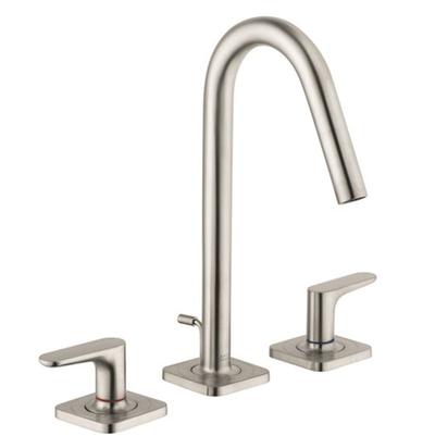 Brushed nickel widespread faucet with tall curved spout and two lever handles on square bases.
