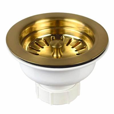 Brushed gold basket strainer with white plastic base and radiating slots, 3.5 inch diameter.