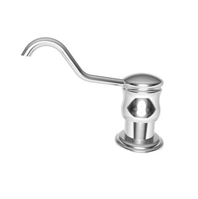 Polished chrome soap dispenser with curved spout and cylindrical pump body.