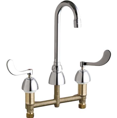 Chrome and brass kitchen sink faucet with tall curved spout and two lever handles on deck base.