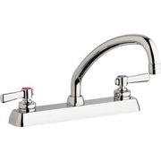 Chrome dual-handle workboard faucet with high arching spout and red indicator handle on left side.