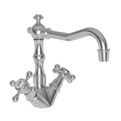 Chrome bar faucet with curved spout, cross handles, and ornamental base featuring traditional Chesterfield styling.