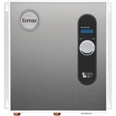 Eemax tankless water heater with silver metal casing, circular brand logo on left, and black control panel with digital displ