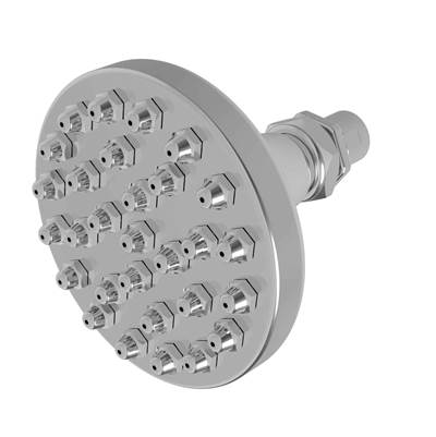 Polished chrome round shower head with multiple spray jets and threaded connection arm.