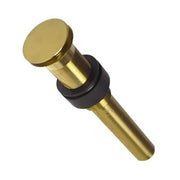 Brushed gold dome drain with push-to-seal mechanism and black rubber gasket on cylindrical brass body.