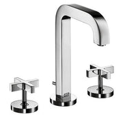 Chrome widespread bathroom faucet with tall curved spout and cross handles on circular bases.