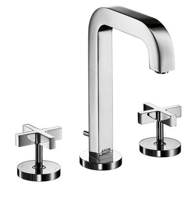Chrome widespread bathroom faucet with tall curved spout and cross handles on circular bases.