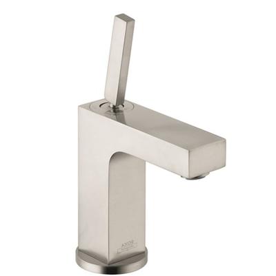 Brushed nickel single-handle bathroom faucet with tall rectangular spout and lever handle.