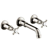 Polished nickel wall-mounted faucet with curved spout and two cross handles.