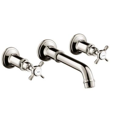 Polished nickel wall-mounted faucet with curved spout and two cross handles.
