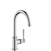 Chrome single-hole kitchen faucet with tall curved spout and lever handle.