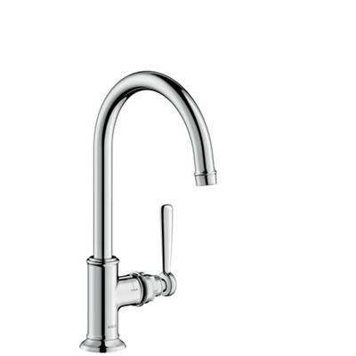 Chrome single-hole kitchen faucet with tall curved spout and lever handle.